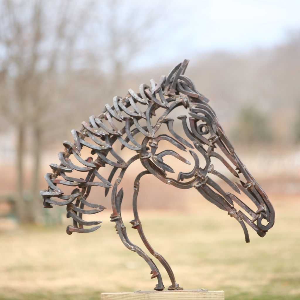 Horse Bust Sculpture Made of Forged Railroad Spikes